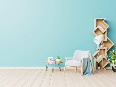 Mavi oturma odası, rahat lüks koltuklar ve modern raf dizaynlı 3D tasarım.