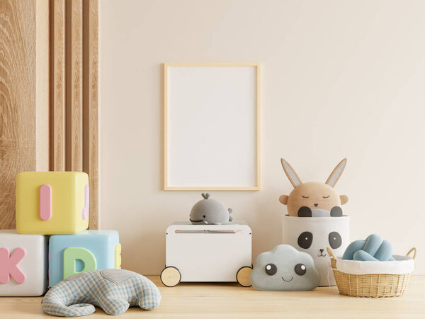 Плакат-макет в детской комнате, интерьер спальни на стене белый цвет фона.