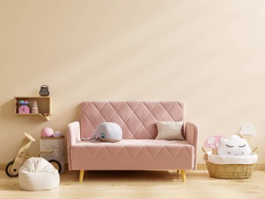 Çocuk odasındaki kanepe. Duvar kreminin arka plan rengi 3D oluşturma alanının kopyası.