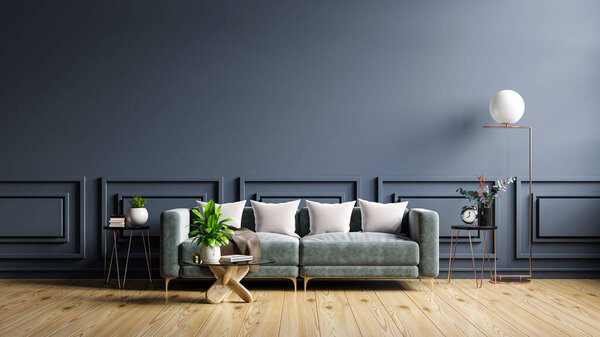 Mockup living room interior with sofa on empty dark blue wall background.3D rendering