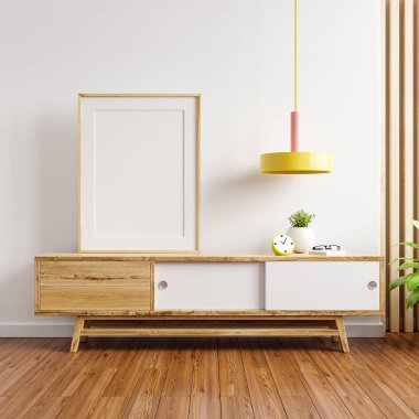 Wooden frame on cabinet in bright room with plants on empty wall background.3D rendering