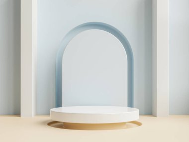 Mavi arka plan 3D işlemeli ürün sunumu podyumu