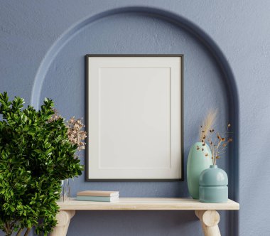 Poster mock up with black frame and wooden shelf on blue wall background.3D rendering