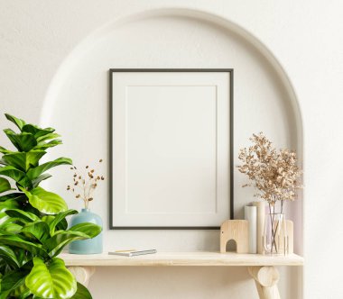 Evin arka planında dikey siyah çerçeveli iç poster modellemesi 33d