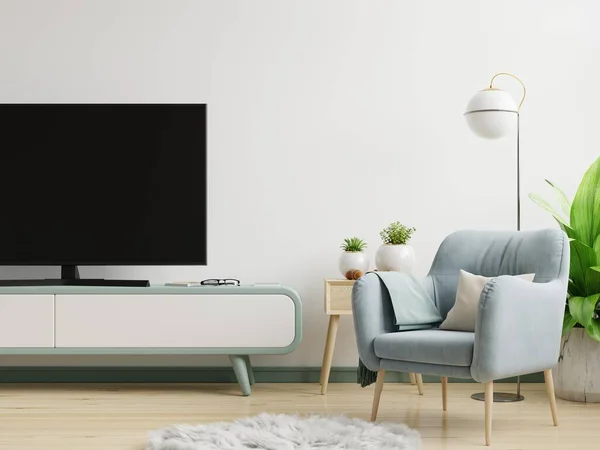 Fernseher Auf Dem Schrank Modernen Wohnzimmer Mit Blauem Sessel Auf — Stockfoto