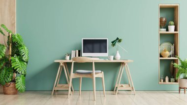 Pastel arka plan 3D görüntülü yeşil ofis odası.