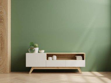 Yeşil duvar arkaplanı, modern oturma odası dekorasyonu ve 33D televizyon kabini.