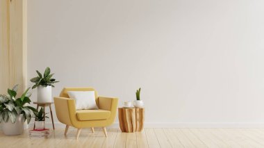 Modern minimalist iç tasarım, boş beyaz duvar 3D üzerinde sarı koltuk.