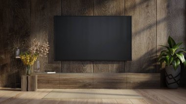 Modern oturma odasındaki televizyon ahşap duvarlı arka plan 33D görüntülü.