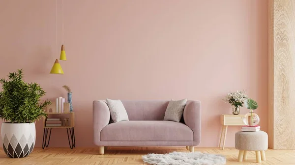 Living room interior wall mockup with pink sofa on empty pink wall background.3d rendering