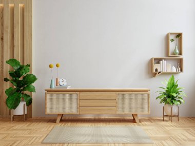 Beyaz renkli duvar arkaplanı, 3D görüntüleme, televizyon kabini ile modern iç mimari