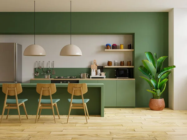 Сучасний Стиль Дизайну Інтер Єру Кухні Зеленою Стіною Візуалізація — стокове фото
