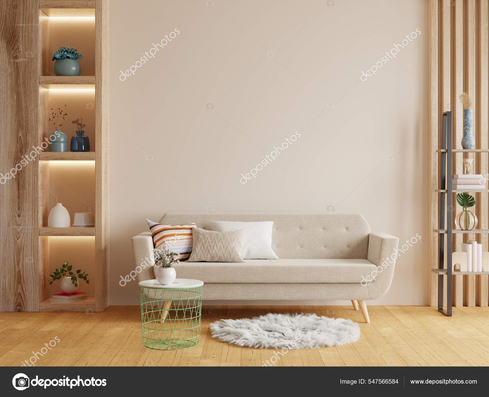 Mockup Interior Sala Estar Con Sofá Fondo Pared Color Crema — Foto de stock  #547566584 © vanitjan, image size:1600x1300