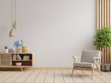 Oturma odasının modern iç mekanı ve koltuk 3D tasarım.