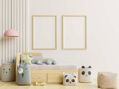 Çocuk odasındaki çerçeve posteri modeli. Arkaplan 3D 'deki boş beyaz duvar.