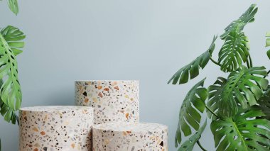 Mockup terrazzo podyumu mavi pastel arka plan 33d sunumu için