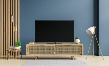 TV ve Kabine modern oturma odasında mavi beton arka planda, 3D görüntüleme