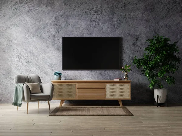 智能电视在客厅里用扶手椅把水泥墙装饰好 最小的设计 — 图库照片