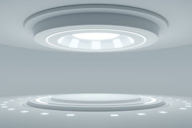 Empty light white studio room futuristic sci fi big hall room with lights white.3d rendering clipart