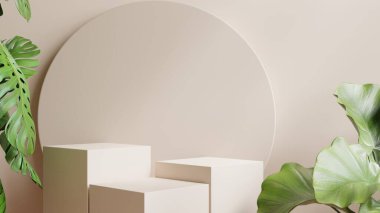 Krem rengi arka plan 3D görüntüleme için ürün sunumu için Mockup square stick podyumu