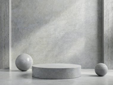 Beton duvar 3D oluşturma üzerine ambalaj sunumu için çimento podyumu