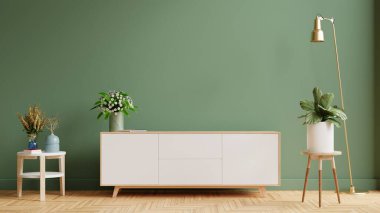 Televizyon için ahşap dolap, modern boş yeşil oda 3D görüntüleme.