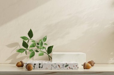 Mockup terrazzo podyumu krem rengi pastel arka plan 33D görüntüleme sunumu için