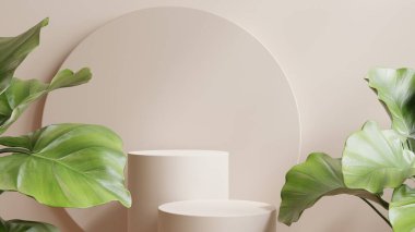 Krem rengi arka plan 3D görüntüleme üzerine ürün sunumu için Mockup Circle podyumu