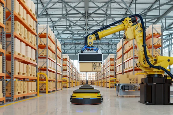 Lojistik sistemleri üretmek ve korumak için robotik kol. 3D görüntüleme