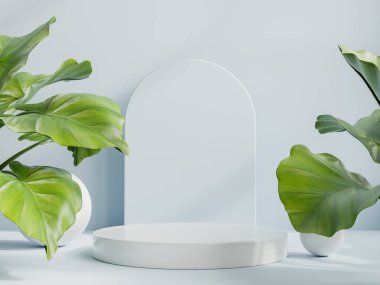 Mavi arka plan 3D işlemeli ürün sunumu podyumu