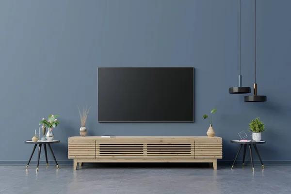 Led Fernseher Der Dunkelblauen Wand Wohnzimmer Minimales Design — Stockfoto