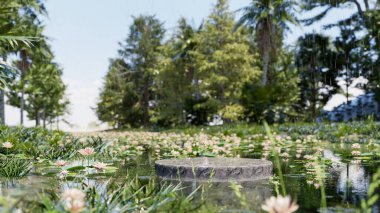 Tropikal ormanlardaki beton podyum bataklıktaki ürün sunumu için, 3D görüntüleme