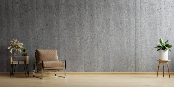 Oturma odasının iç mekanı beton duvar modellemesi boş siyah duvarda bir koltuk var.