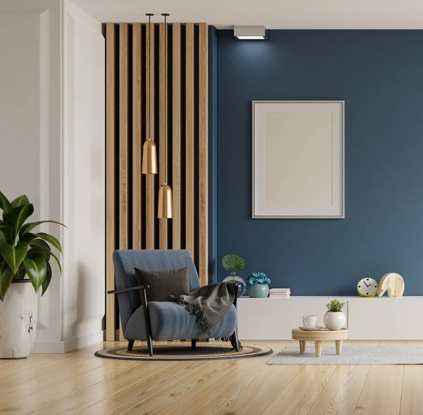 Poster Mockup Vertical Frames Empty Dark Blue Wall Living Room — Stok fotoğraf