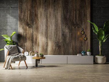 Mockup a TV wall mounted with armchair in a dark room with a dark wood wall.3d rendering