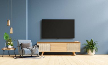 TV and Cabinet in modern living room with armchair on dark blue concrete wall background.3D rendering
