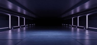 Sci Fi futuristic studio stage dark room in space station with glowing neon lights background.3d rendering