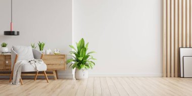Interior with a gray armchair on empty white wall background.3D rendering