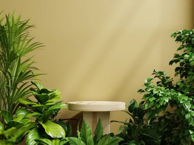 Ürün sunumu için yaprak gölgesi bileşimiyle ahşap podyum görüntüsü