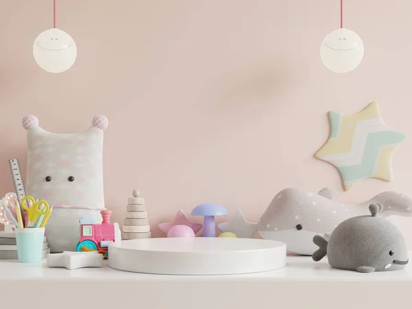 Mock Podium Product Children Room Kids Room Pink Wall Rendering — Stok fotoğraf