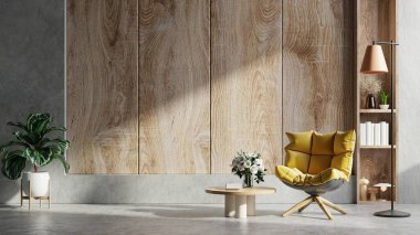 Living room interior in loft style with yellow armchair on empty wooden wall background.3d rendering
