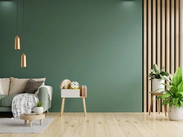 Green sofa with table on green wall and wooden flooring.3d rendering
