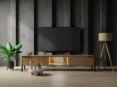 Modern oturma odasındaki televizyon, masa ve çimento duvarlı arka plan 33D görüntüleme.