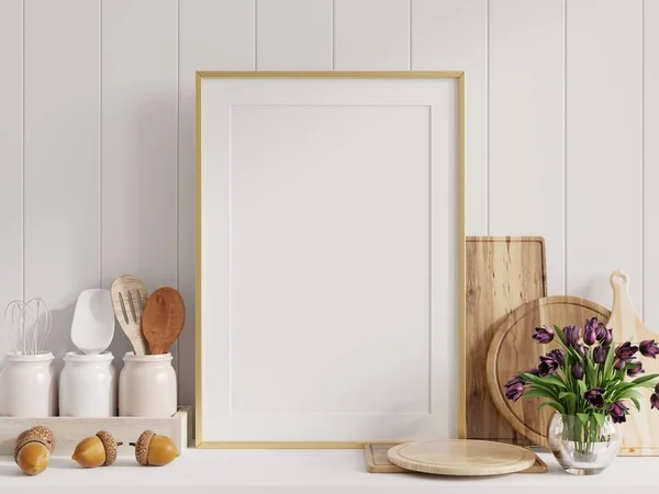 Falešný Rámeček Plakátu Interiéru Kuchyně Bílou Stěnou Vykreslování — Stock fotografie