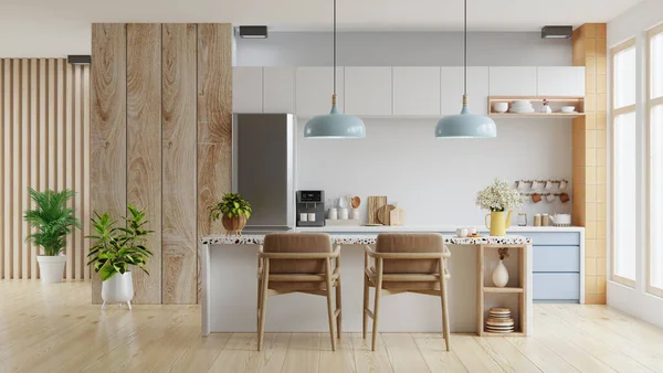 Interior Cocina Moderna Con Muebles Interior Cocina Con Pared Blanca — Foto de Stock