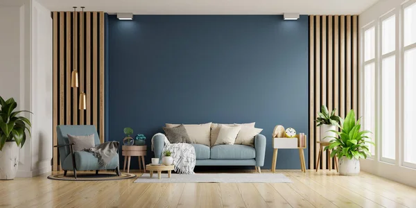 Interior of light room with sofa and armchair on empty dark blue wall background.3D rendering