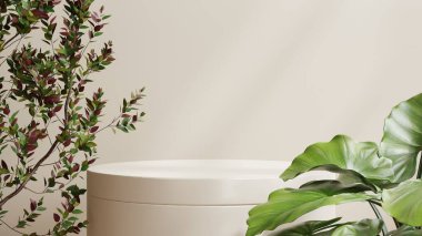 Krem rengi arkaplan 3D görüntüleme ürün sunumu için boş yığın podyumu