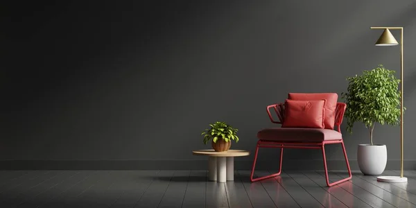 Interior design in dark tones with red armchair on black wall background.3D rendering