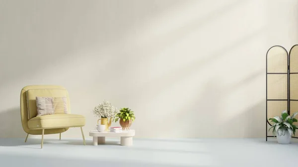 Interior has a yellow armchair on empty cream color wall background.3d rendering