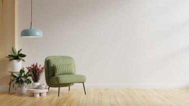 Beyaz minimalist oturma odasının arka planında yeşil bir koltuk var. Beyaz, arka plan 33D.